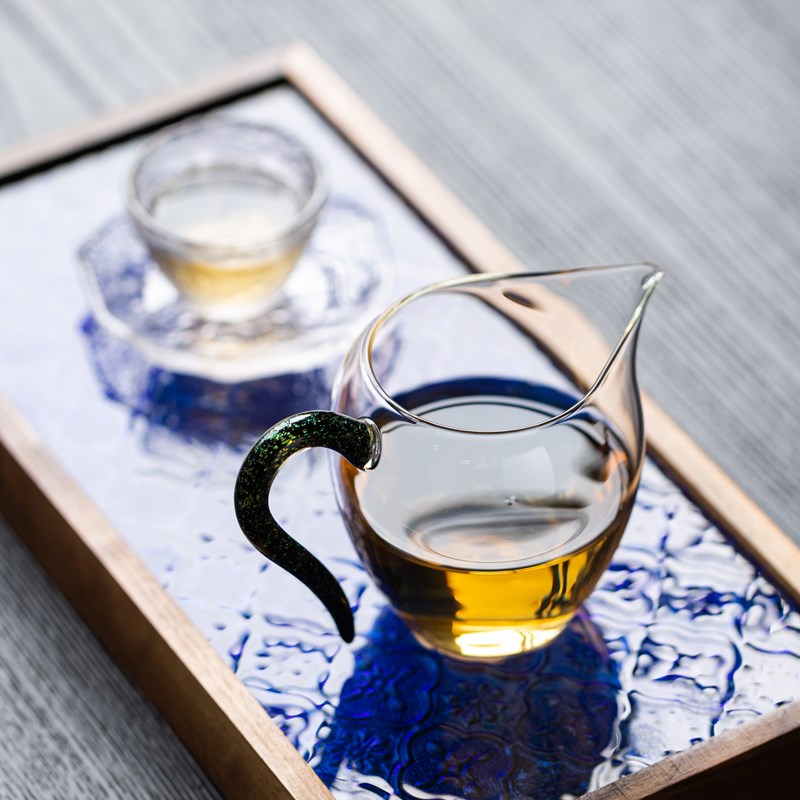彩钻亮金玻璃公道杯带把匀杯分茶器耐N高温高透茶海分茶杯