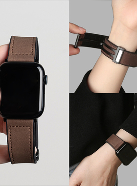 适用苹果表带S11Watchs10疯马皮硅胶磁吸iwatch9表带真皮高级感运动S9手表带女透气S8ultra秋冬男款小众款7se