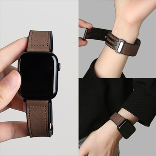 适用苹果表带S11Watchs10疯马皮硅胶磁吸iwatch9表带真皮高级感运动S9手表带女透气S8ultra秋冬男款 7se 小众款
