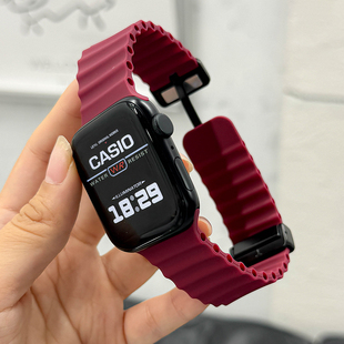 适用苹果手表表带S10海洋硅胶applewatch9金属卡扣S8高级7ultra2/3运动SE防水腕带iphone男小众智能女华强北