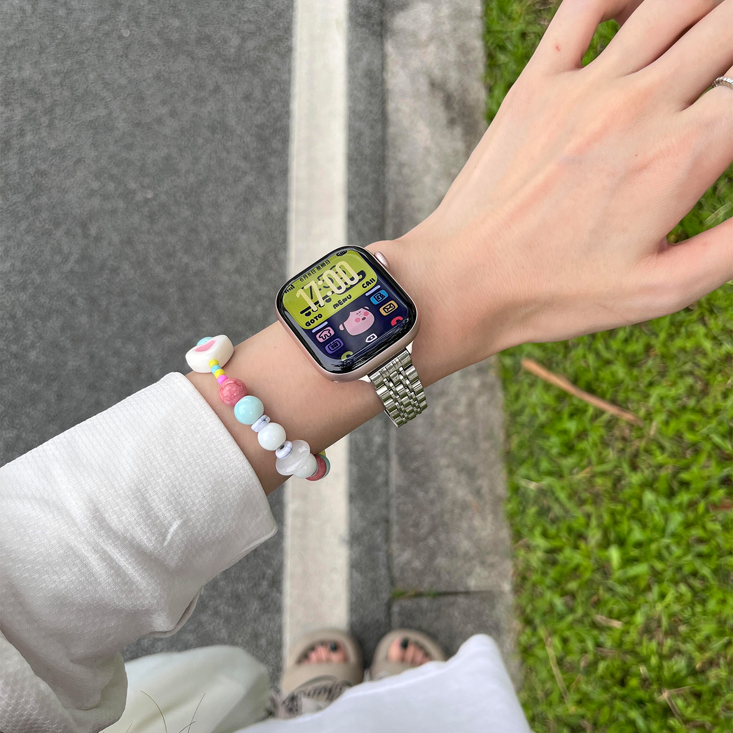 适用苹果手表表带s11五珠不锈钢