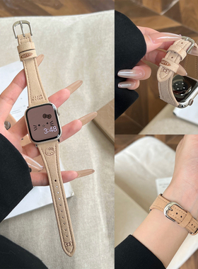适用iphonewatchs11手表表带applewatch10表带苹果手表iwatch9腕带kitty小猫头修身翻毛皮女款ultra3新款皮质