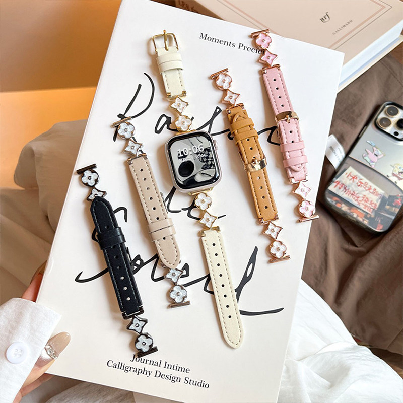 适用苹果s10手表表带四叶草拼真皮金属链条iwatchs9创意新款时尚applewatchs8高级感se智能小众女款气质ultra