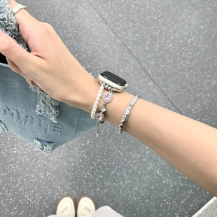 透气高级感 创意小众ins女款 适用苹果iwatch9手表表带S10珍珠爱心金属镶钻s11手链Applewatch8 7伸缩链SE时尚