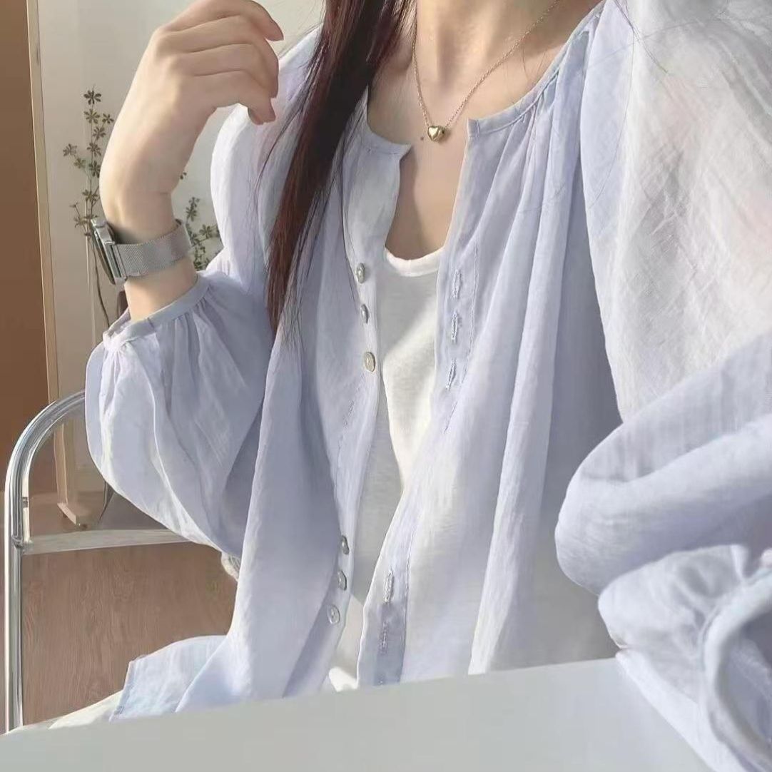 韩系超仙ins浅蓝色雪纺衬衫女叠穿宽松百搭显瘦防晒衬衣外穿开衫