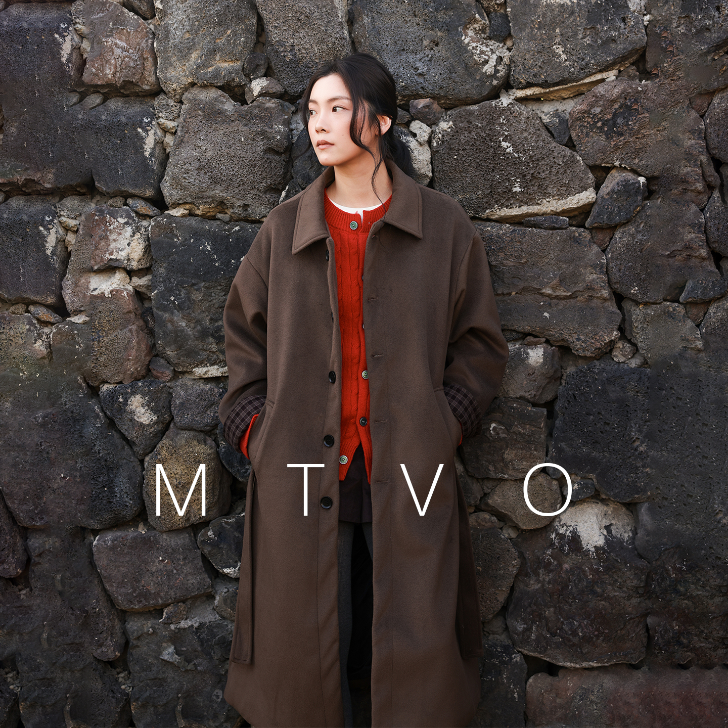 mtvo翻领单排扣系带收腰毛呢大衣