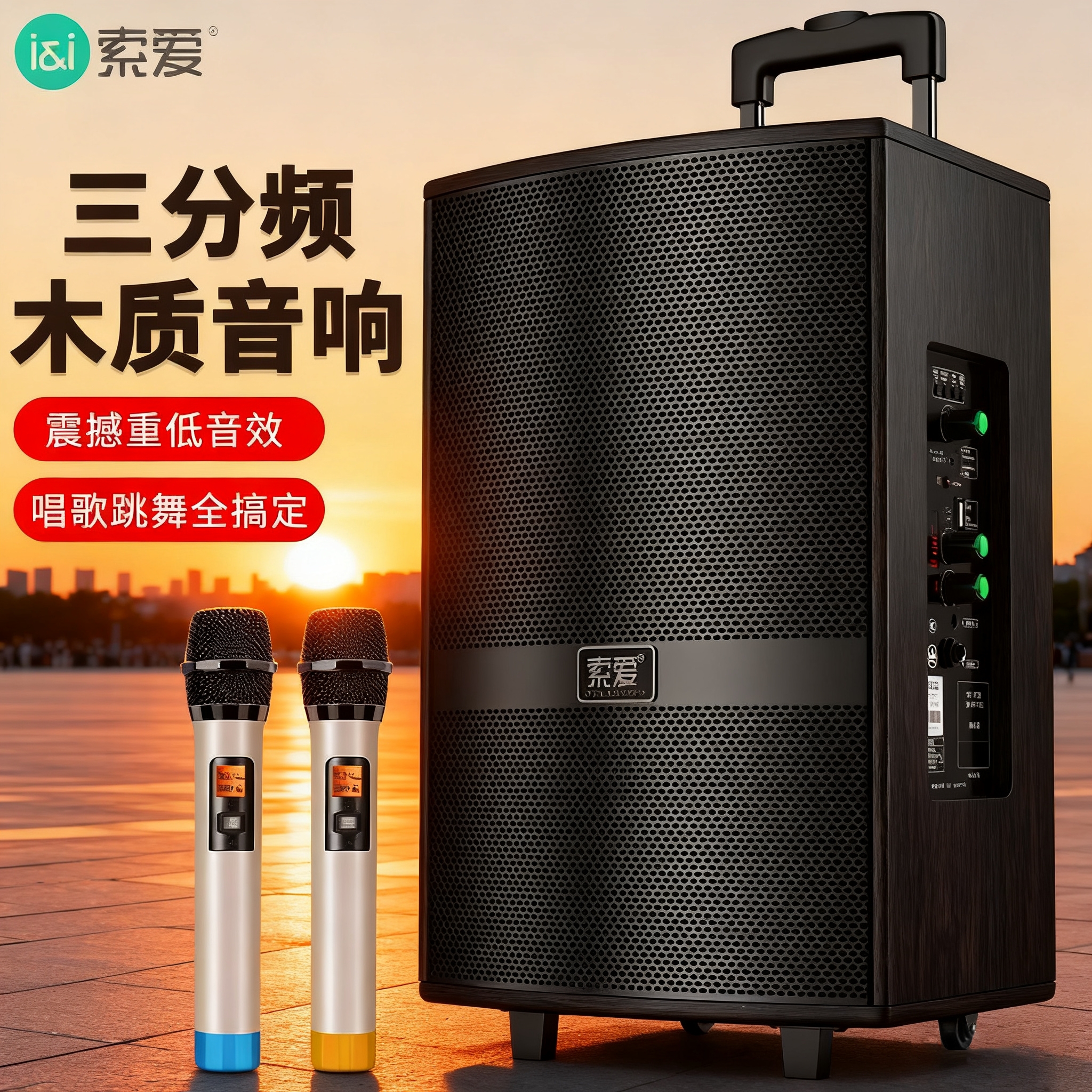 索爱广场舞音响户外演出k歌大音量15寸移动拉杆蓝牙音箱带麦克风