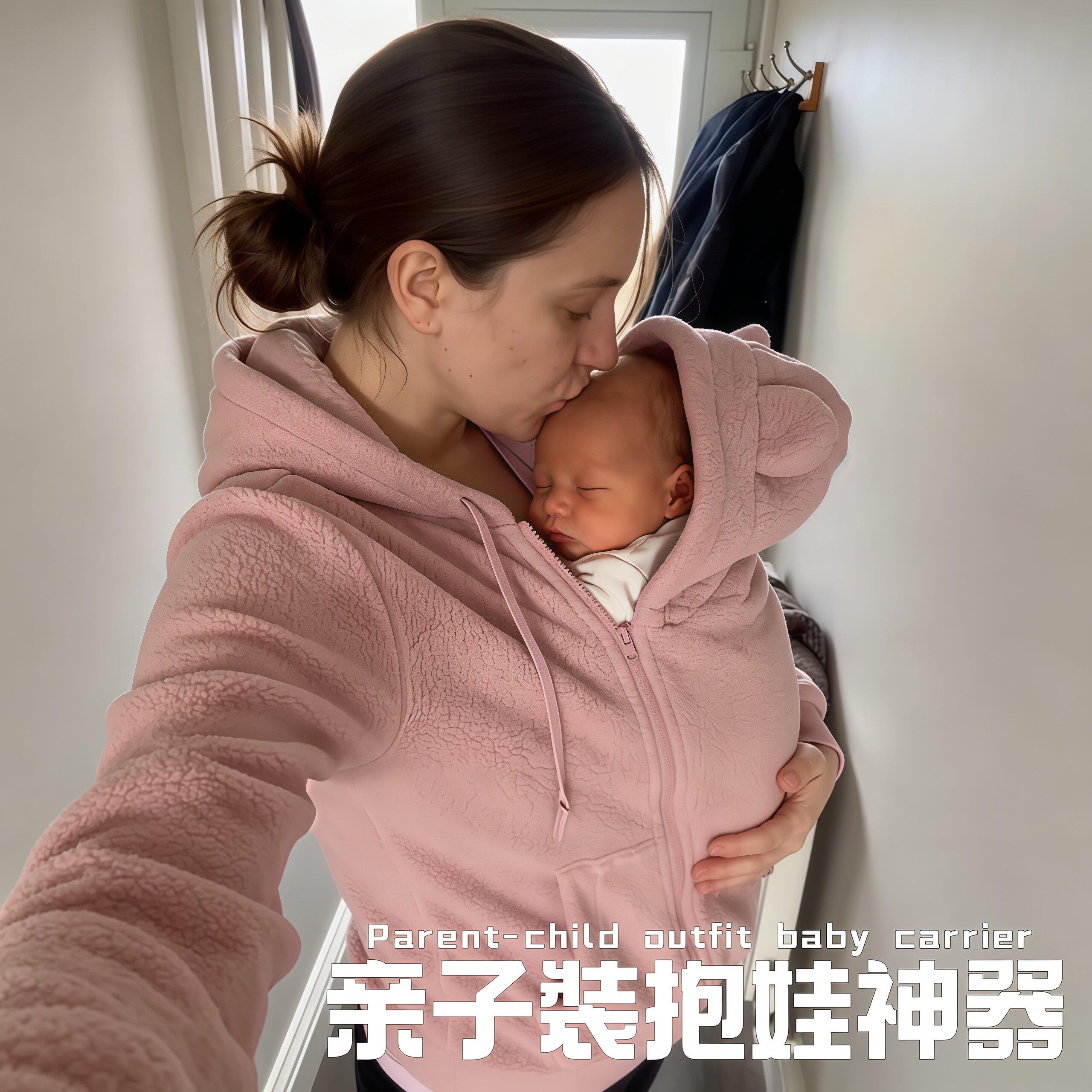 婴儿宝宝袋鼠母子连体衣宝爸外出衣服外套秋冬款加绒卫衣妈妈冬装
