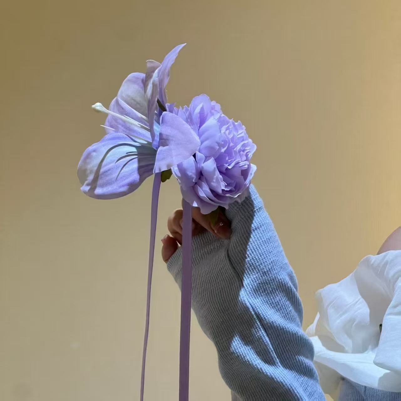 温柔气质紫色芍药花飘带蝴蝶结发夹森系甜美仿真花朵边夹氛围头饰