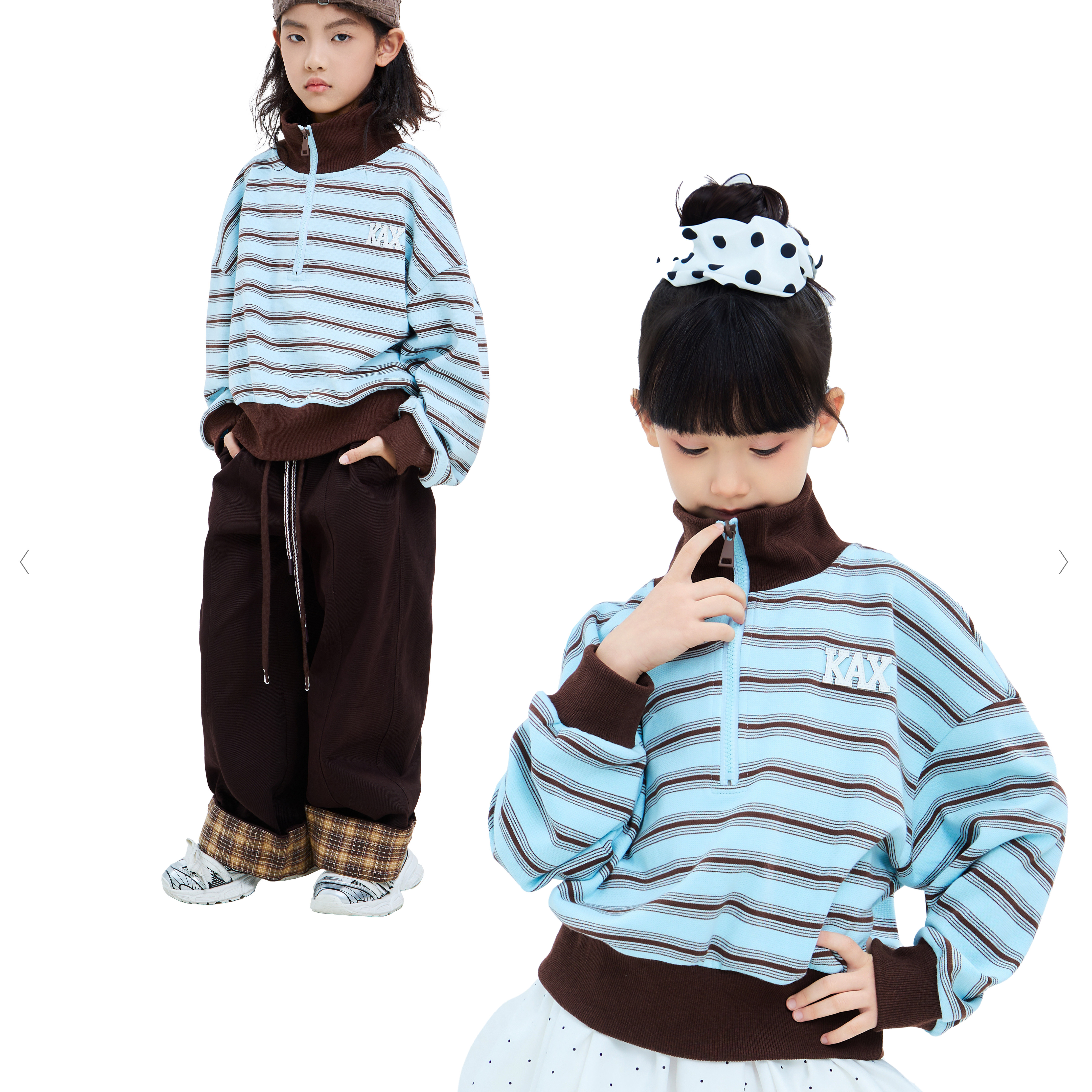 KAX&middot;2026女童春装外套蓝色条纹撞色拉链套头卫衣早春潮童上衣