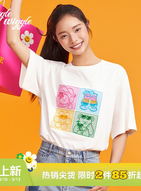 wigglewiggle26年夏季韩国时尚潮流立体印花宽松圆领短袖上衣T恤