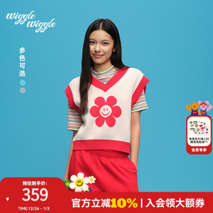 wigglewiggle25年新款 撞色针织马甲背心女 笑脸花个性