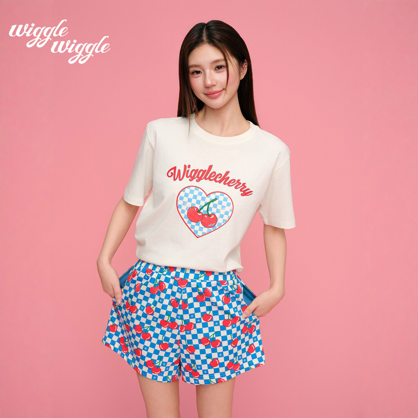 wigglewiggle水果印花抽褶正肩短袖t恤女款2026年夏新款修身上衣