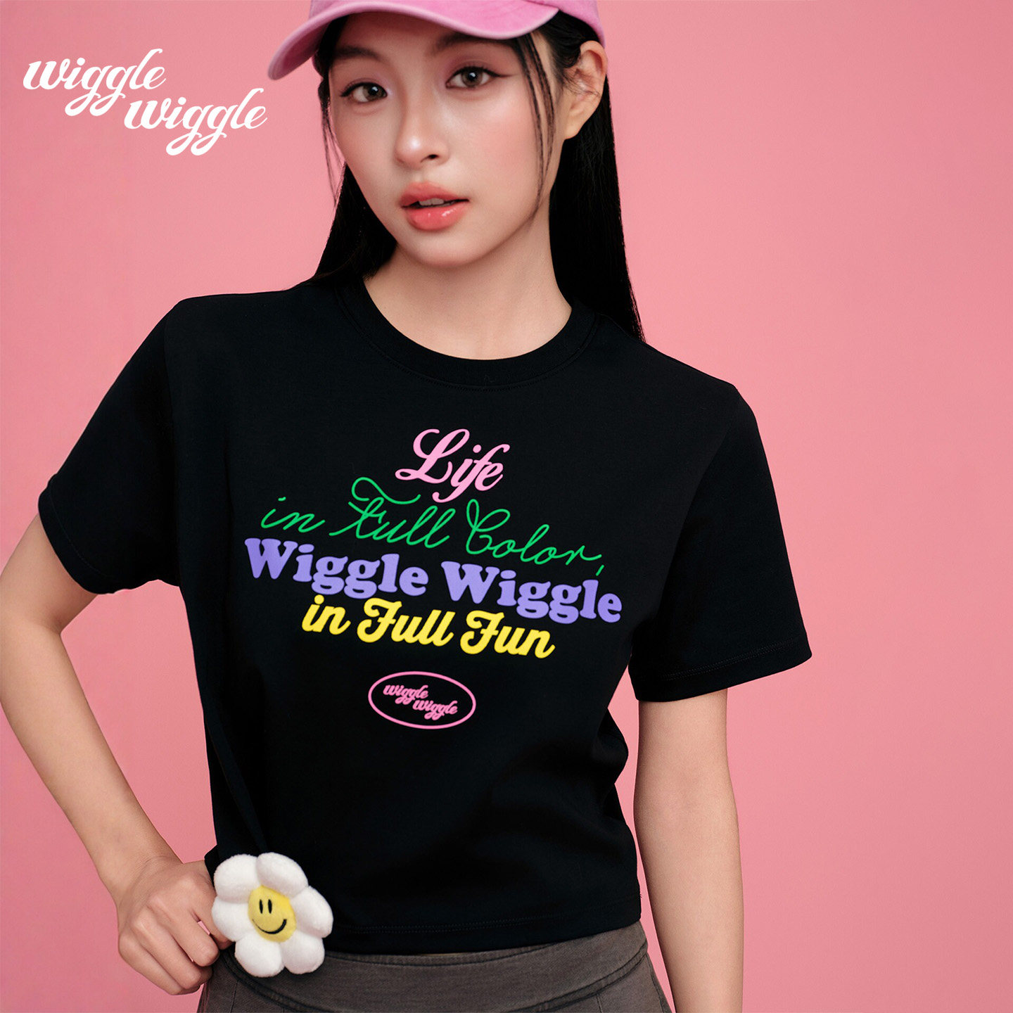 【张慧雯同款】wigglewiggle26夏季新款笑脸花短款女正肩短袖T恤