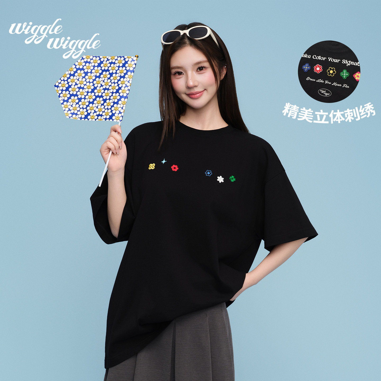 【曾沛慈同款】wigglewiggle26新款韩国时尚印花宽松纯棉T恤短袖