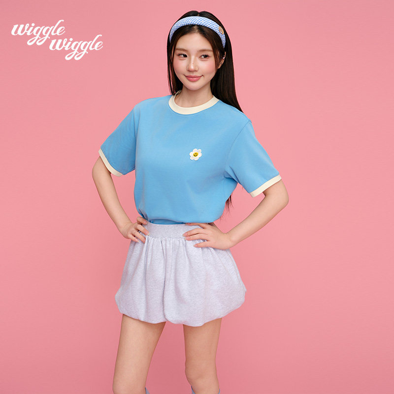 wigglewiggle26年夏季韩国笑脸花拼色领口撞色正肩短袖T恤男女