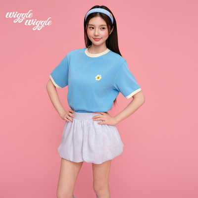 wigglewiggle26年夏季韩国笑脸花拼色领口撞色正肩短袖T恤男女