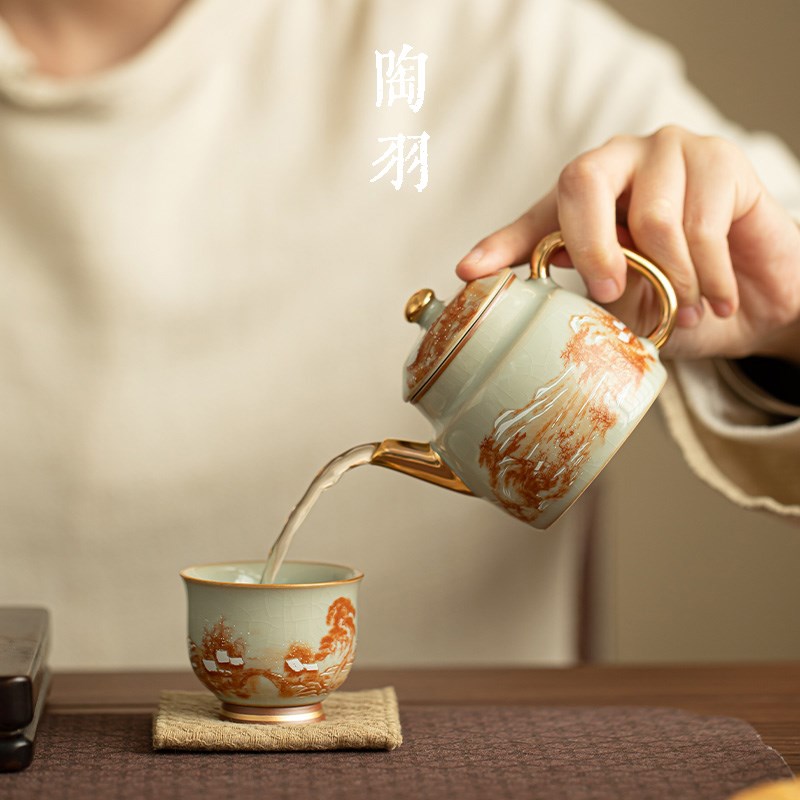 汝窑凡红雪景陶瓷茶壶一壶两杯家用泡茶壶开Q片可养功夫茶具套装