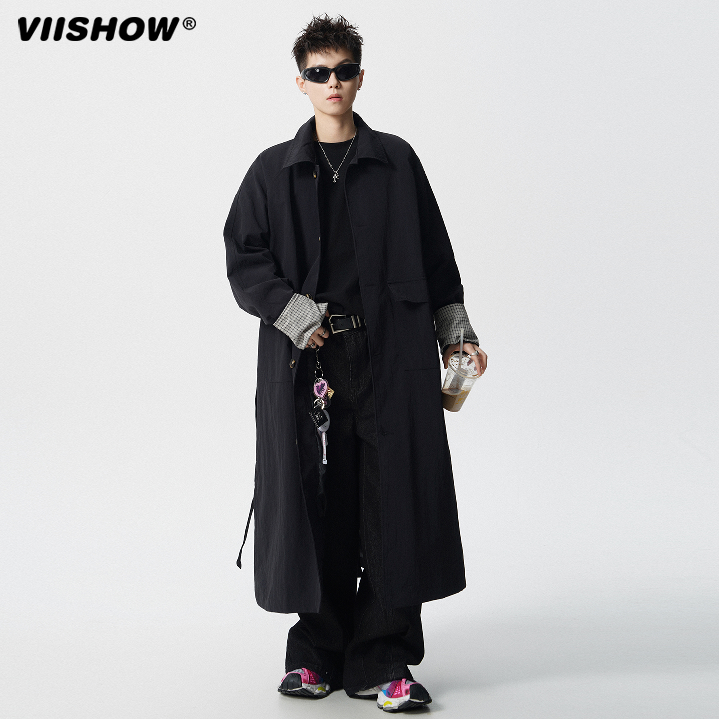 VIISHOW格子撞色翻领风衣外套男秋季美式vintage中长款过膝大衣