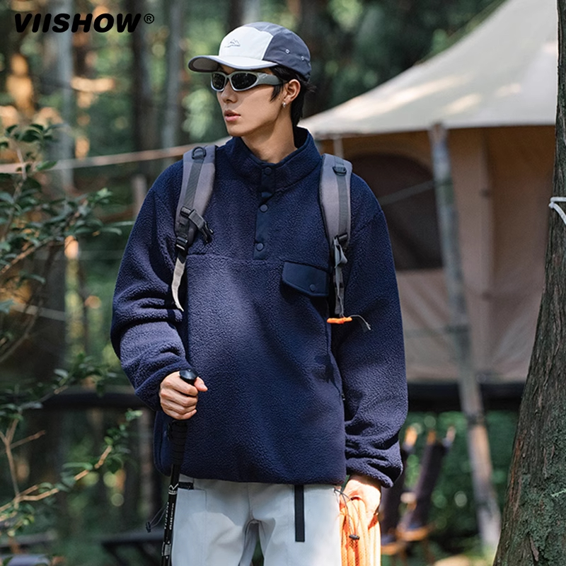 VIISHOW亨利领卫衣男复古立领半开襟秋冬款休闲纯色运动外套