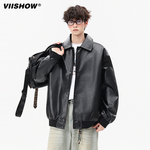 VIISHOW美式潮牌PU皮衣机车服外套男女秋季宽松痞帅百搭休闲夹克