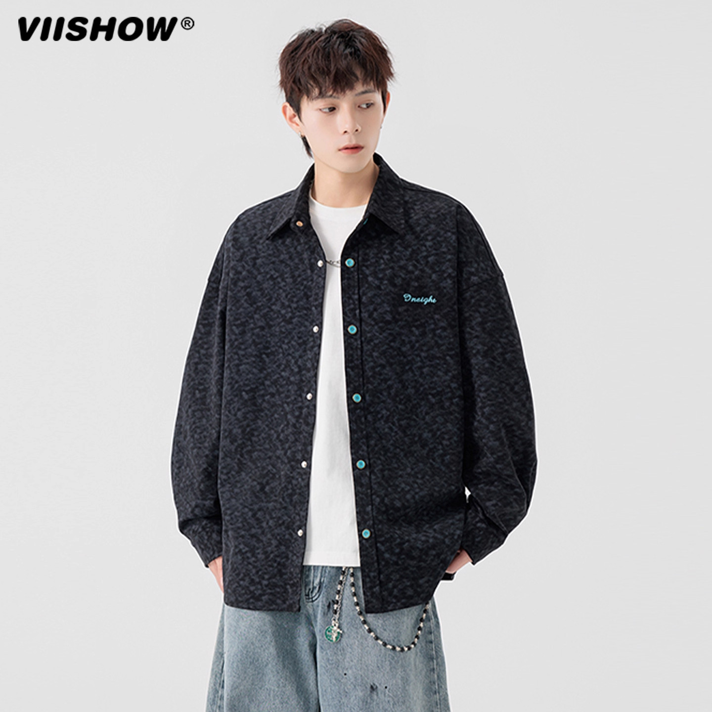 VIISHOW立体浮雕长袖衬衫男生25秋季美式休闲高级感英伦黑色外套,男装,衬衫,淘宝优惠券,粉丝福利购,淘宝优惠卷