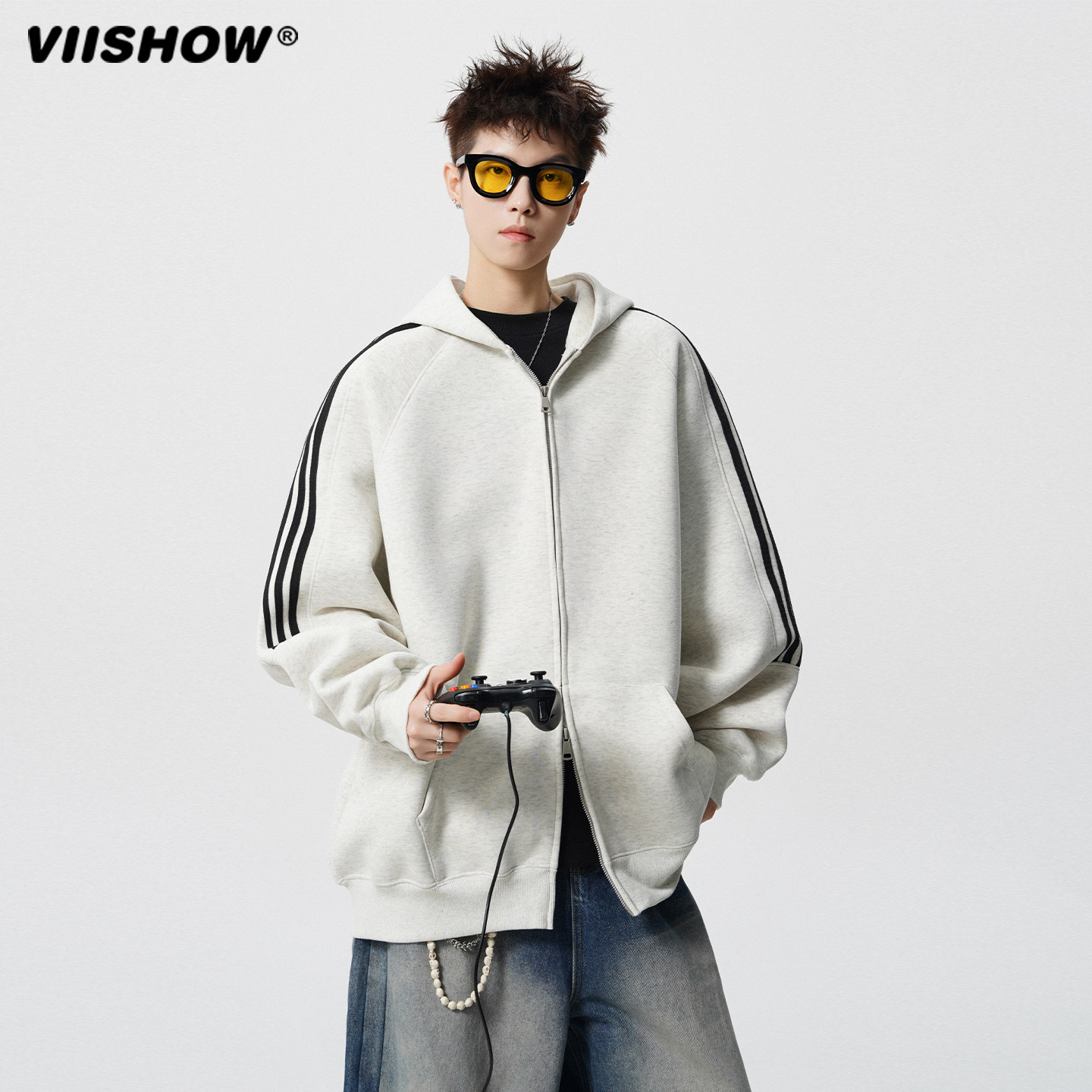 VIISHOW潮牌三条杠连帽卫衣男2025年秋款宽松插肩袖开衫拉链外套