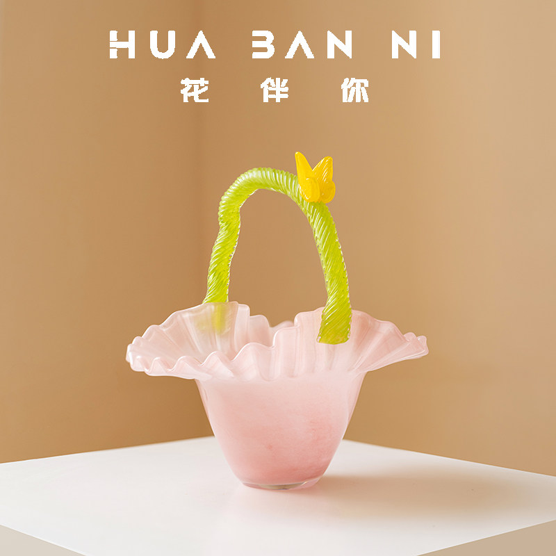 中古拼色手提花篮艺术果盘手工玻璃装饰水果盘桌面艺术家居高级感