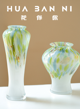 清新绿色春天创意渐变彩色琉璃花瓶摆件客厅餐厅高级感插花摆件