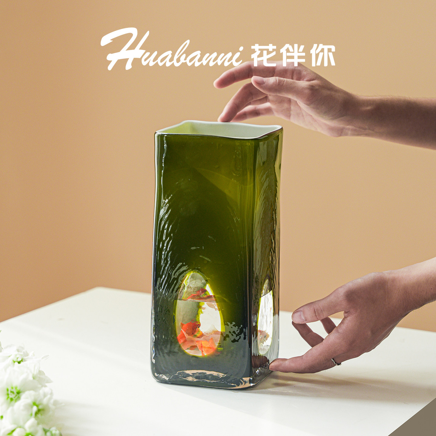 新中式中古琉璃花瓶复古橄榄绿色玻璃高级感摆件蝴蝶兰插花装饰品