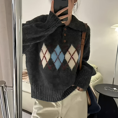 【一一专享】A173复古学院风菱形格polo领毛衣宽松慵懒针织衫上衣