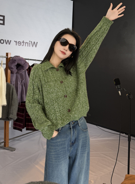 【恩佳专享】A091绿色复古翻领针织开衫女宽松慵懒风毛衣外套百搭