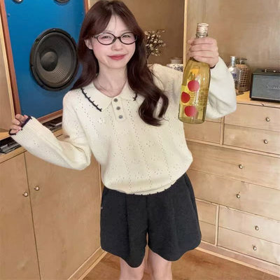 【一一专享】A107polo领蝴蝶结刺绣针织衫毛衣减龄洋气上衣