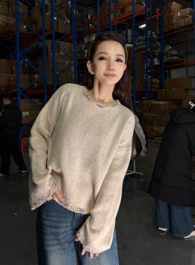 【恩佳粉丝专享】A164慵懒风套头毛衣女拼接宽松软糯针织衫上衣