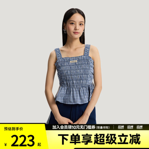 adidas阿迪达斯三叶草女子纯棉格纹荷叶边运动修身背心KX7035