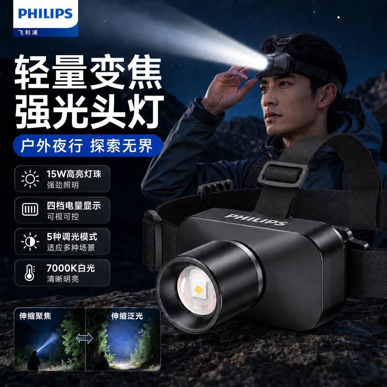 飞利浦2026新款强光头灯超亮轻量变焦可充电远射夜爬夜钓夜行头戴