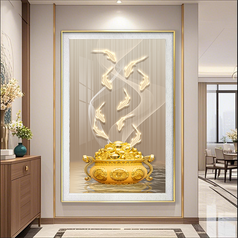 莫奈空间现代新中式九鱼图聚财聚宝盆客厅装饰画玄关走廊尽头挂画