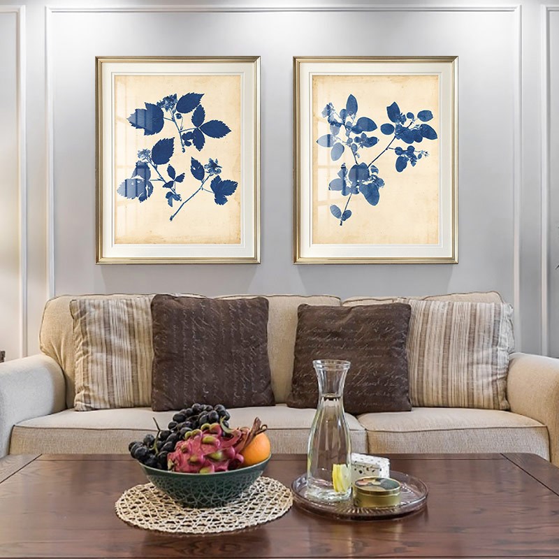 简美餐厅书c房背景植物挂画卧室床头画蓝色树叶装饰画美式饰品墙图片