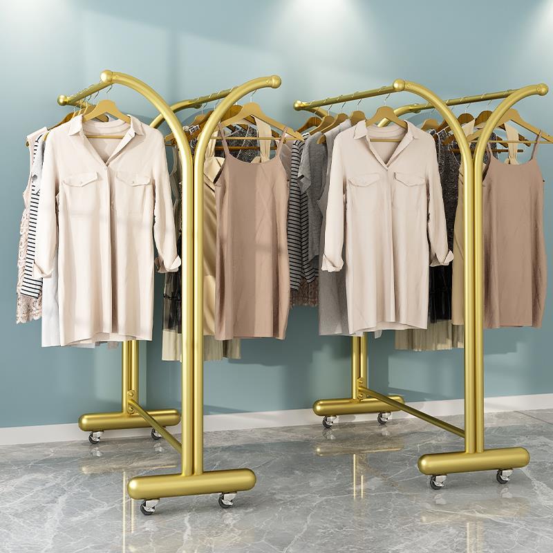 服装店女装货架落地双杆中岛展示架童装创意双排侧挂衣架移动带轮