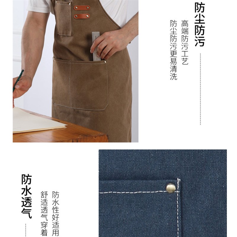 新款时尚帆布围裙男士牛仔防油尘防E水透气女厨房餐厅实用围腰围