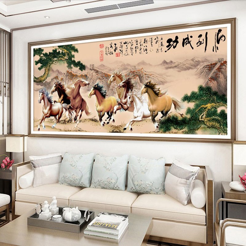 八骏图十字绣线绣新款山水风景y国画马到成功八匹马迎客松满绣办