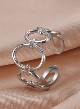 欧美热销几何不锈钢戒指18k金油压戒指椭圆环相扣不掉色钛钢戒指