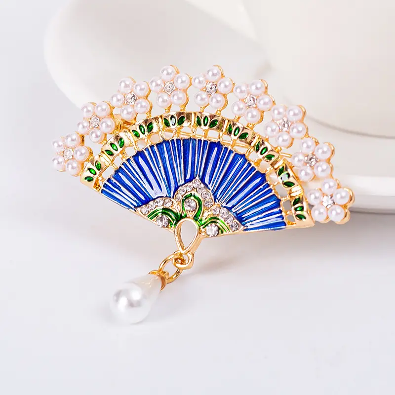 欧美时尚个性复古扇子带坠胸针合金镶钻水滴形珍珠胸饰女
