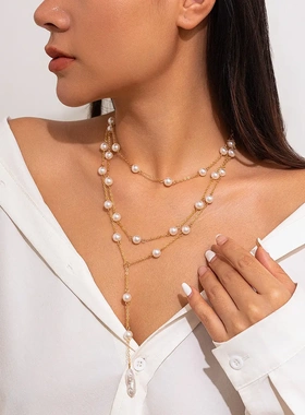 欧美饰品 时尚珍珠y型流苏项链女 商务party多层颈链nelae