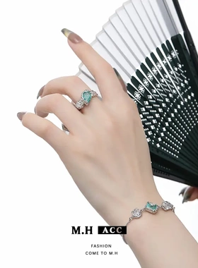 新款蓝绿冰花玻璃戒指女冷淡风ins食指戒开口可调节指环