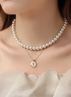 珍珠花朵圆牌吊坠项链时尚简约个性锁骨链高级感气质小众项饰