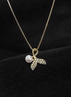 s925银鱼尾珍珠项链女韩版气质冷淡风鱼锁骨链梅陇银饰