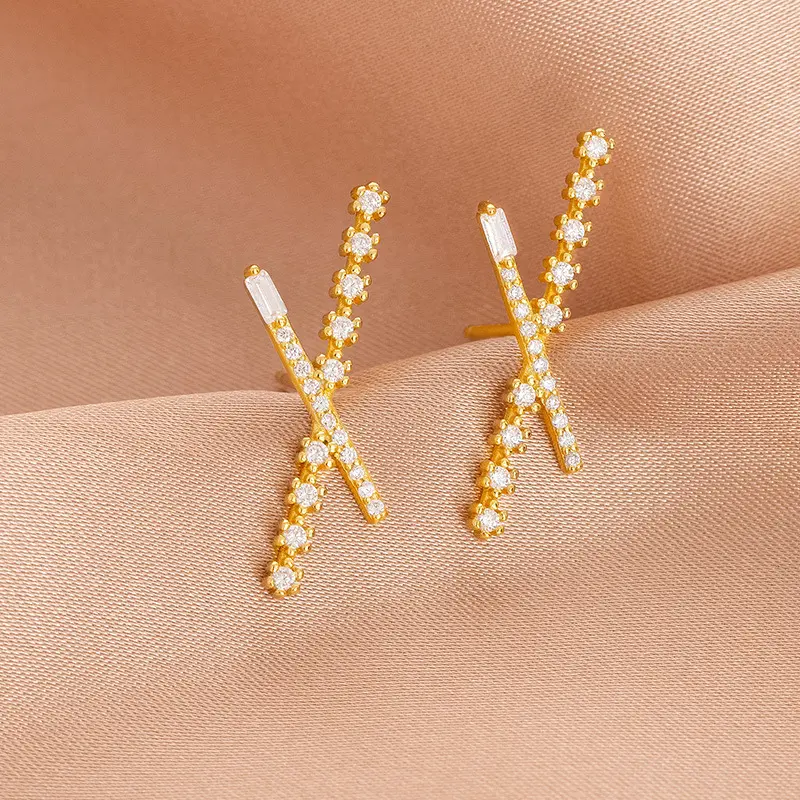 s925银韩国交叉x形镶钻耳钉女简约冷淡风时尚耳饰小众设计