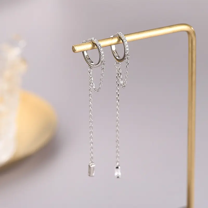 s925纯银日镶钻圆圈链条流苏耳环长款显脸瘦气质耳饰一件