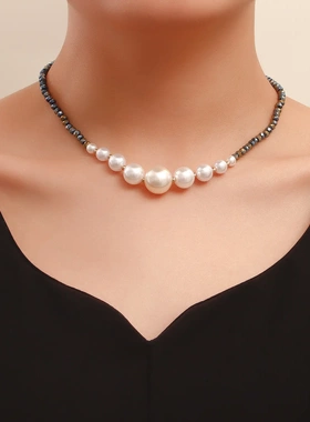 黑色水晶仿珍珠项链女夏设计感锁骨链气质复古2023年新款个性颈链